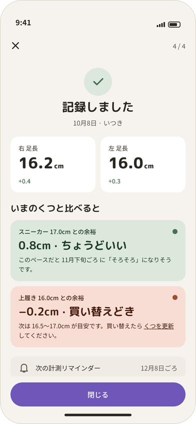 結果画面。足長とくつの判定